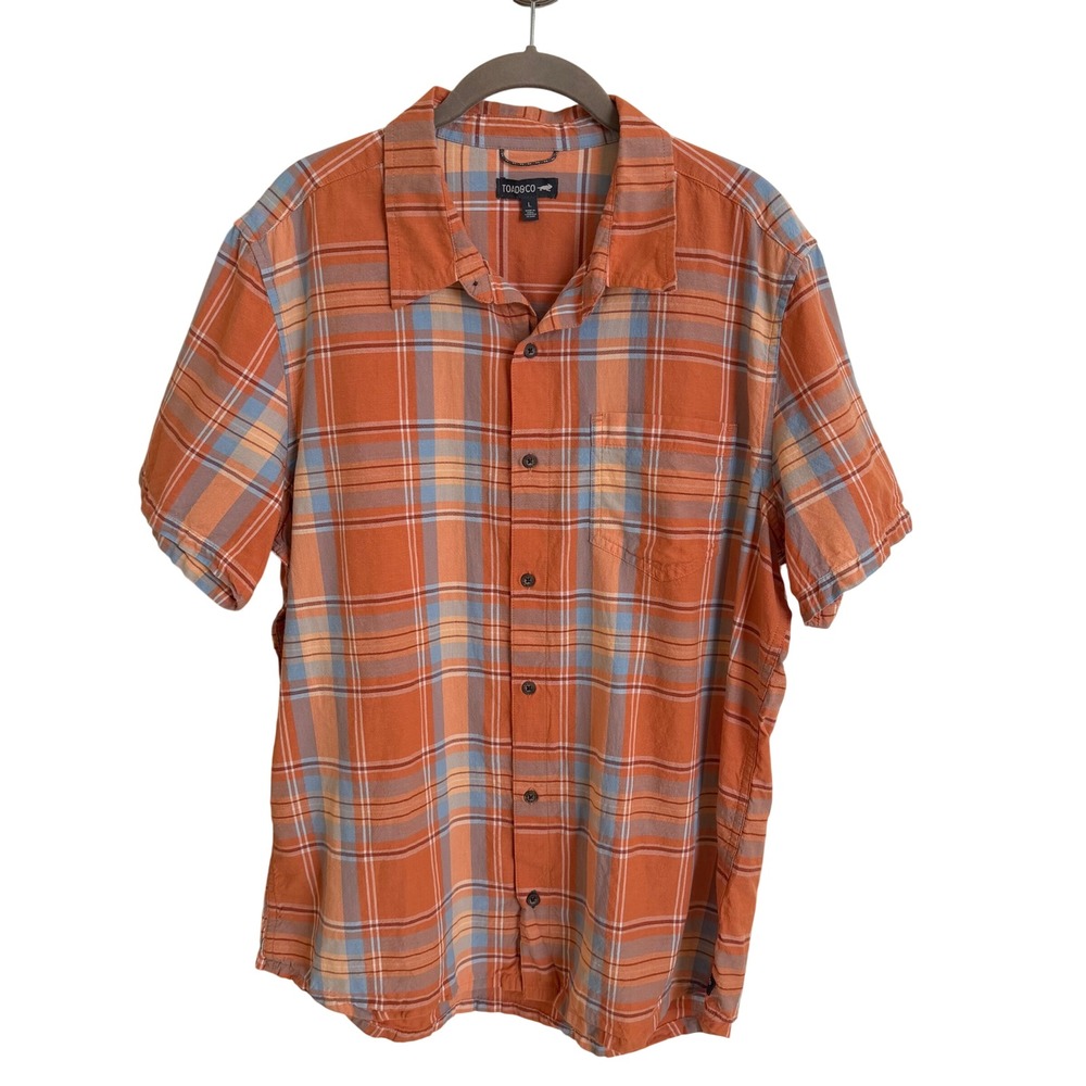 Toad&Co Mens Large Orange Blue Plaid Short Sleeve Organic Cotton Button Up Shirt